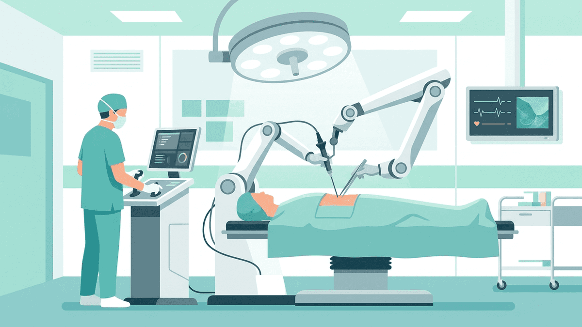 Clean modern vector illustration of advanced surgical robotic arm and medical sensor suite in hospital operating room