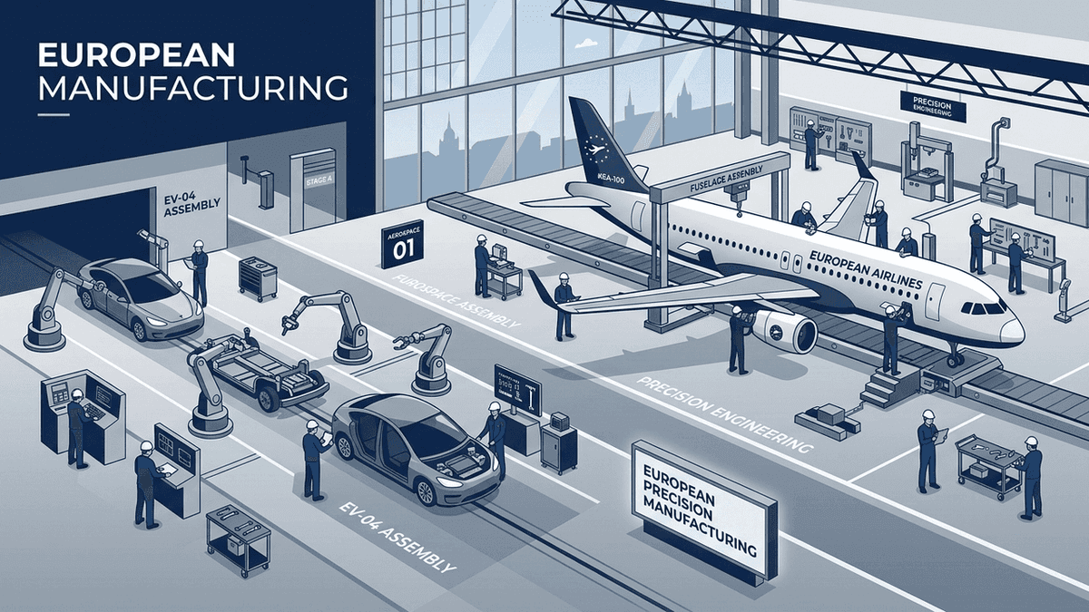 Clean modern vector illustration of European aerospace and automotive industrial manufacturing floor