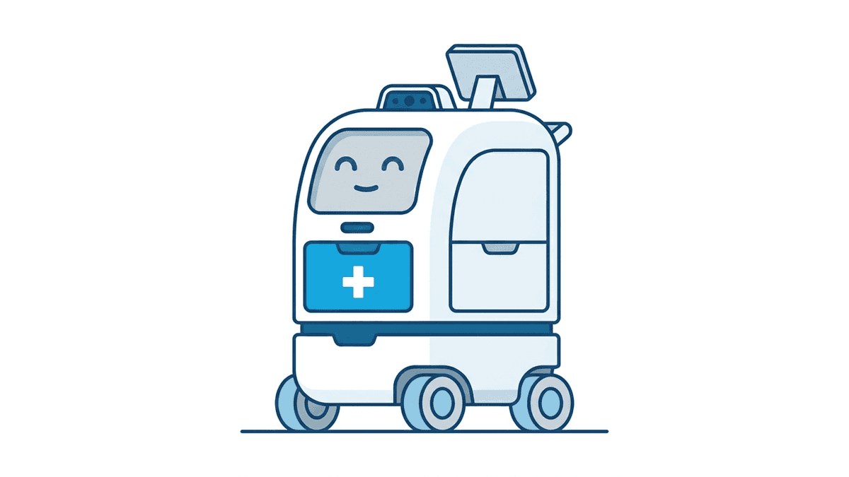 Clean modern vector illustration of friendly autonomous hospital logistics robot navigating clinical corridor