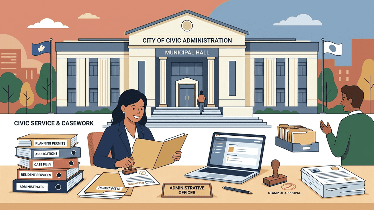 Clean modern vector illustration of civic municipal administration, public service casework desk, and approved resident dossiers