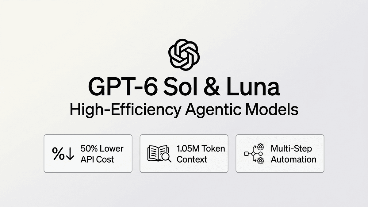 OpenAI GPT-6 Sol and Luna editorial hero image with official OpenAI logo and badges for 50 percent lower API cost, 1.05M context window, and multi-step automation.