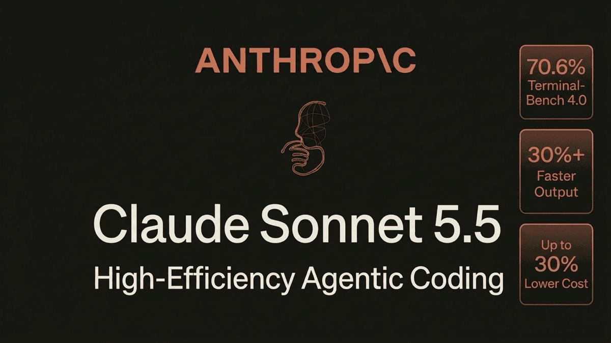 Anthropic Claude Sonnet 5.5 editorial composition highlighting 70.6 percent Terminal-Bench 4.0 score, 30 percent faster output, and up to 30 percent lower cost.