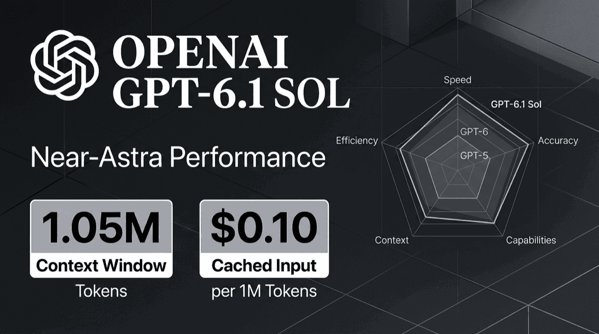 OpenAI GPT-6.1 Sol editorial hero composition with official OpenAI logo and badges for 1.05M context window and $0.10 cached input.