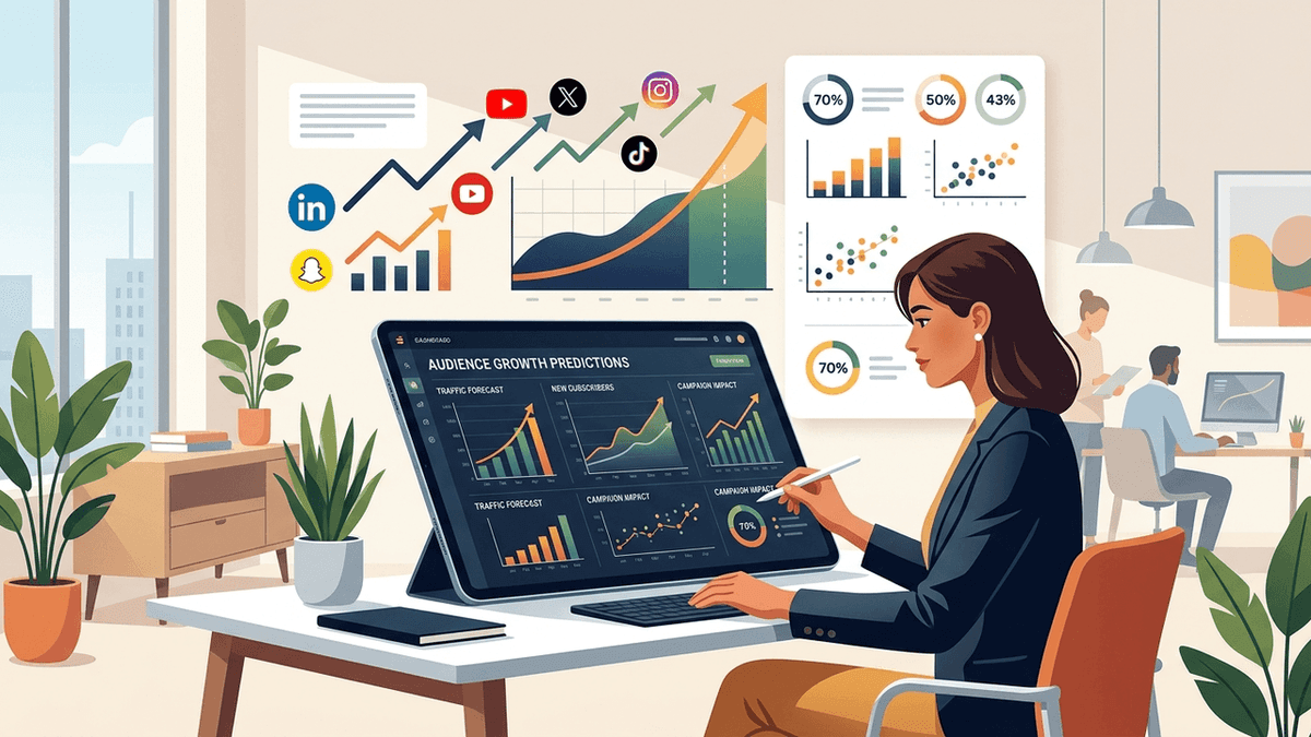 Illustration of a marketer reviewing audience growth charts across social media channels