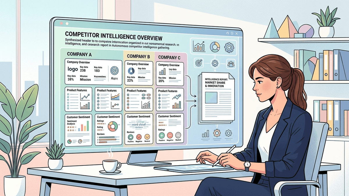 Illustration of a woman reviewing a competitor overview that compares company, product and customer review details