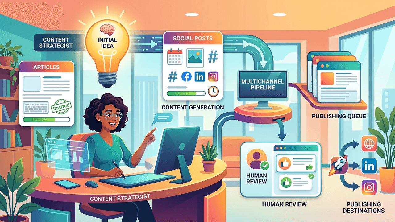 Illustration of a content strategist turning one idea into articles and social posts that pass human review before publishing