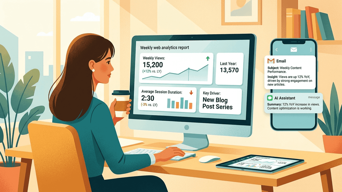 Illustration of a woman reading a weekly website traffic report on her computer, with a summary on her phone