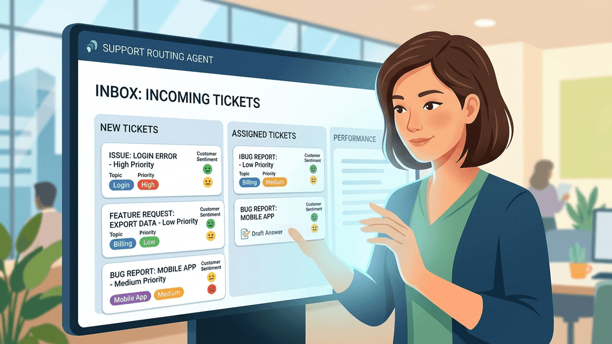 Illustration of a support lead reviewing incoming tickets labelled by topic, priority and customer mood