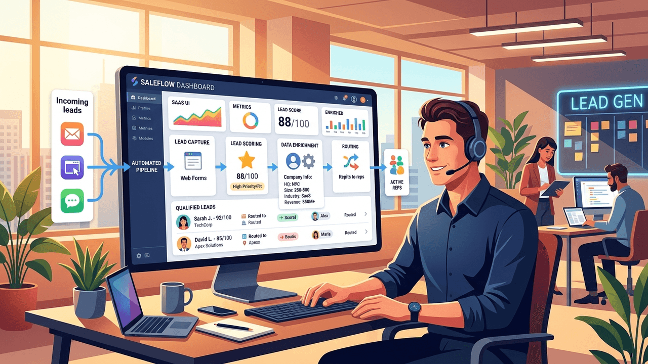 Illustration of a salesperson watching incoming leads get scored and routed to reps on a dashboard