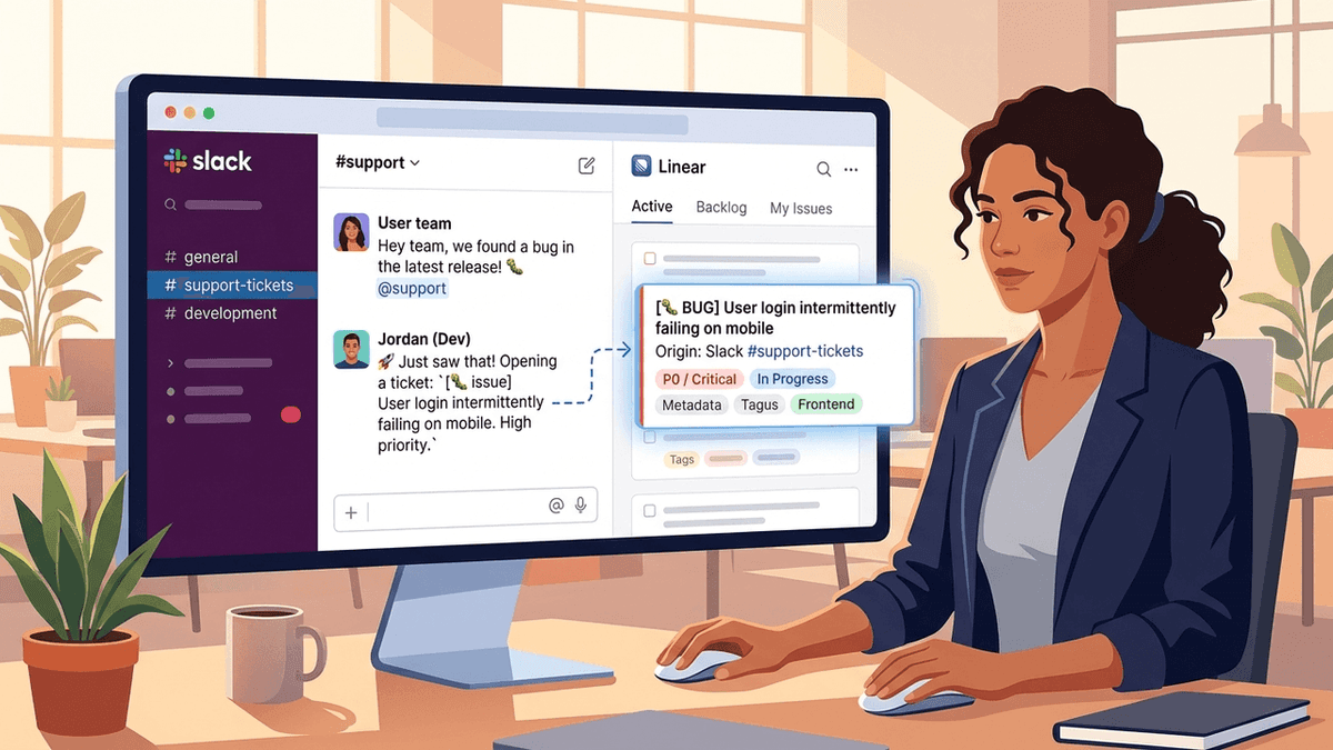 Illustration of a woman at her desk as a Slack support message becomes a prioritized ticket in Linear
