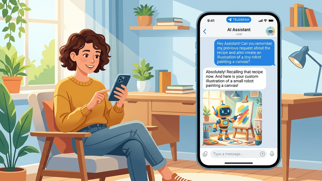 Illustration of a woman chatting with an AI assistant in Telegram that sends back a generated image