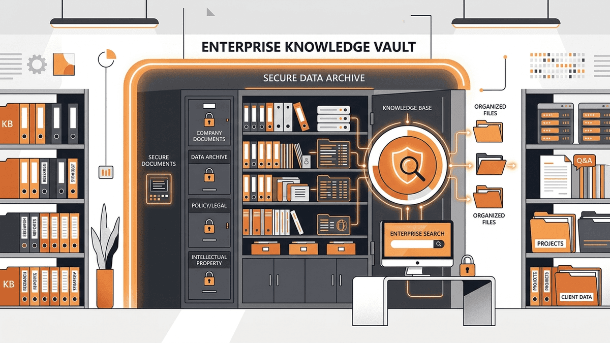 Clean modern vector illustration of enterprise knowledge vault, secure archives, and business documents