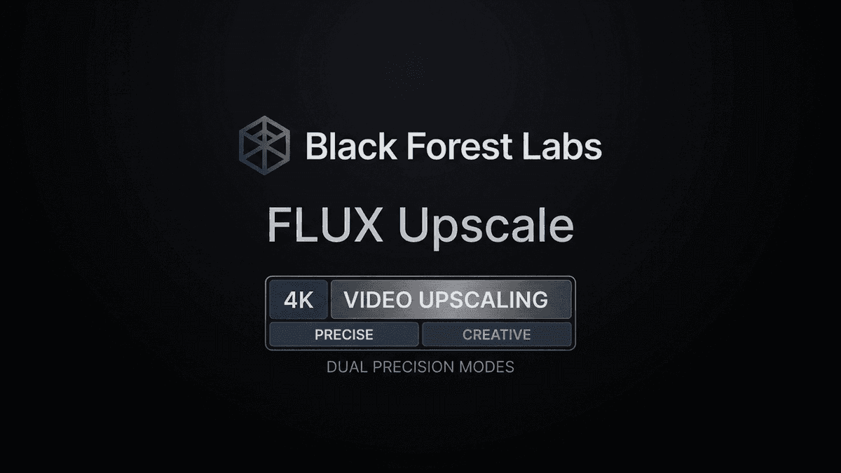Black Forest Labs logo and typography for FLUX Upscale highlighting 4K video resolution and dual precision modes on a sleek dark backdrop.