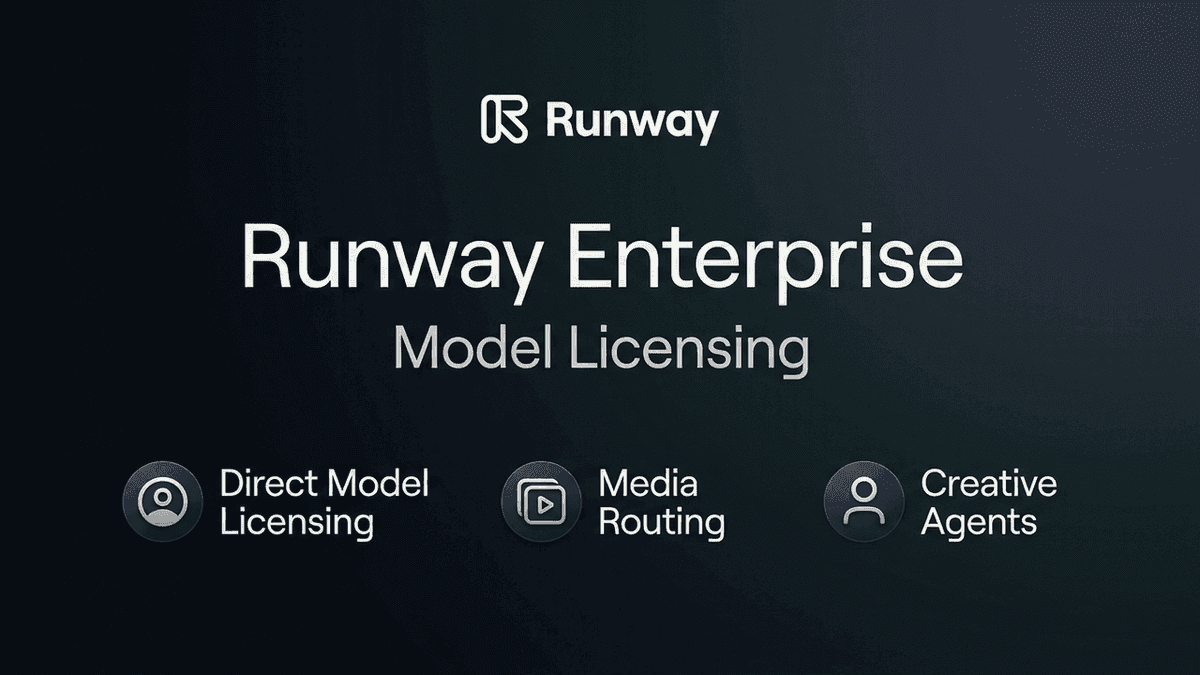 Runway official logo and typography for Runway Enterprise Model Licensing with badges for Direct Model Licensing, Media Routing, and Creative Agents.