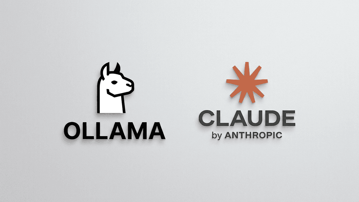 Official Ollama llama emblem and Claude starburst emblem side by side on light studio card background
