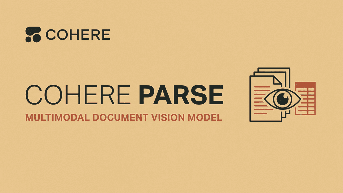 Cohere logo centered on warm sand backdrop with title Cohere Parse Multimodal Document Vision Model and document visual analysis icons.