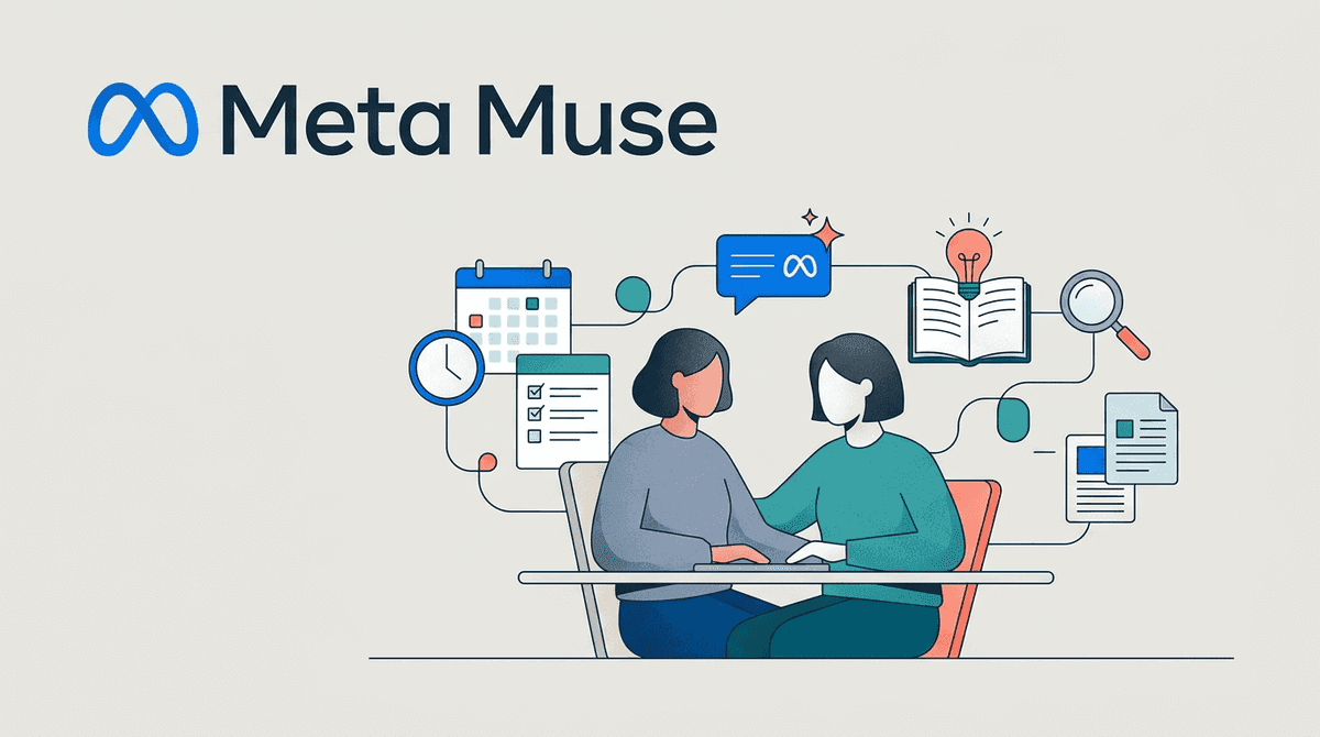 Meta logo and Muse branding with an editorial vector illustration of calendar, documents, and collaboration