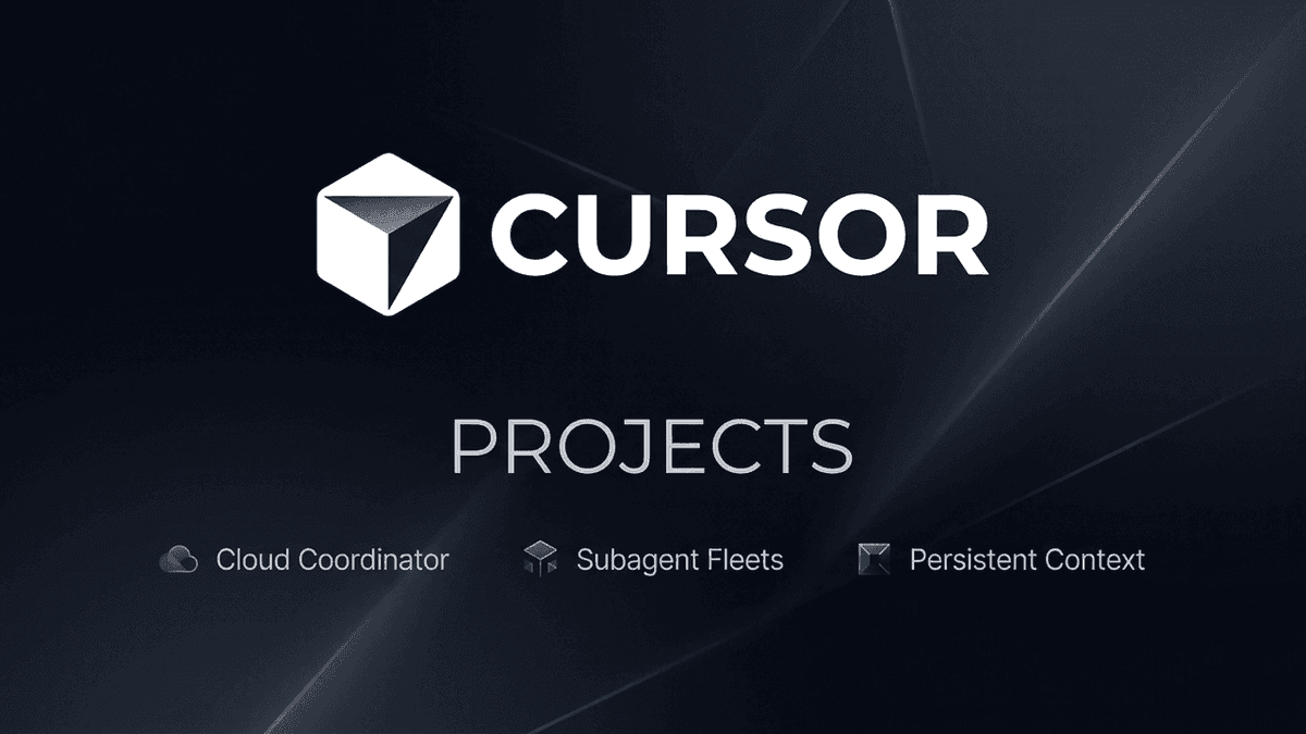 Official Cursor 3D faceted cube logo and wordmark centered over a dark backdrop with the title Projects and feature icons for Cloud Coordinator, Subagent Fleets, and Persistent Context.