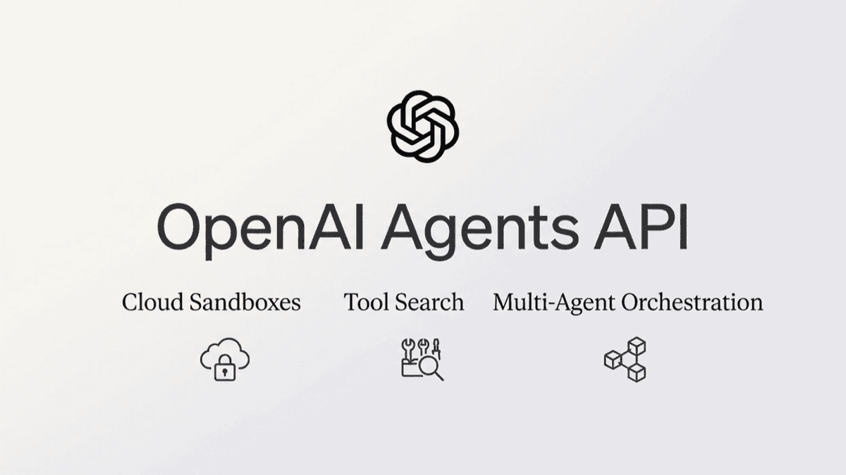 OpenAI logo centered above clean editorial typography reading OpenAI Agents API with icons for Cloud Sandboxes, Tool Search, and Multi-Agent Orchestration.