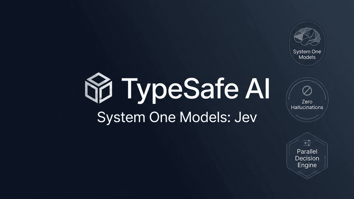 TypeSafe AI logo and typography for System One Models Jev with visual badges for System One Models, Zero Hallucinations, and Parallel Decision Engine.
