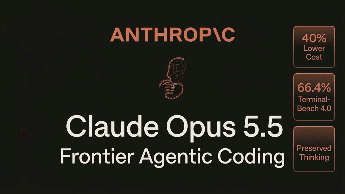 Anthropic Claude Opus 5.5 editorial composition highlighting 40 percent lower workload cost, 66.4 percent Terminal-Bench score, and preserved thinking safeguards.