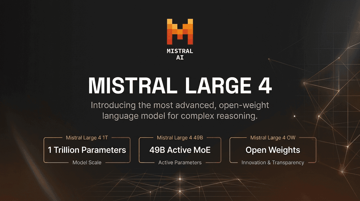 Mistral Large 4 editorial hero graphic with official Mistral logo and badges for 1 trillion parameters, 49B active MoE, and open weights.