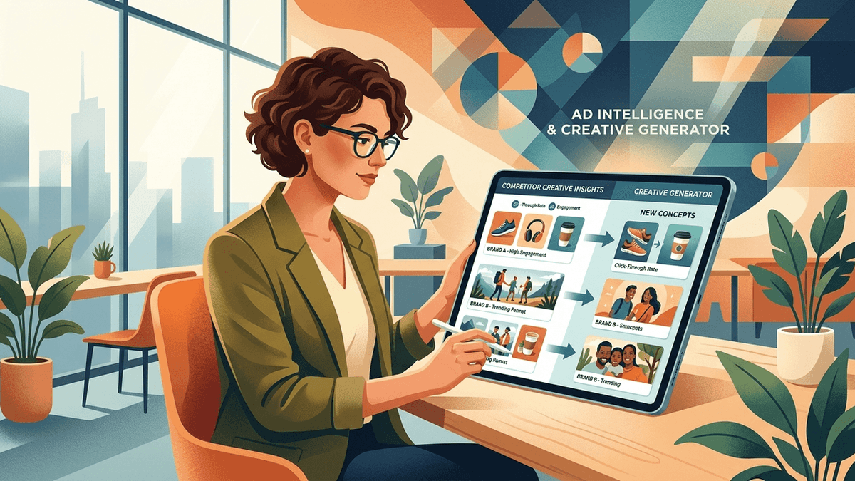 Illustration of a marketer comparing competitor ads with new ad concepts on a tablet