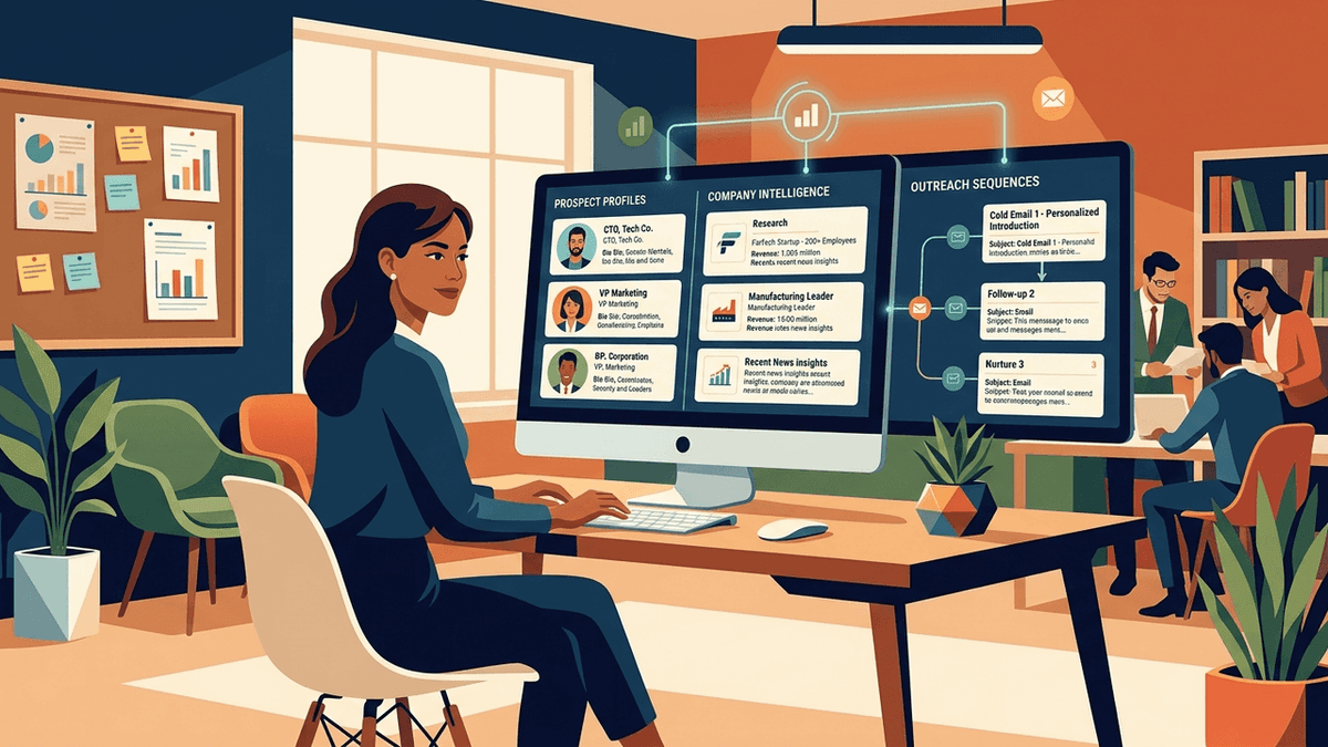 Illustration of a salesperson reviewing prospect profiles, company research and outreach emails