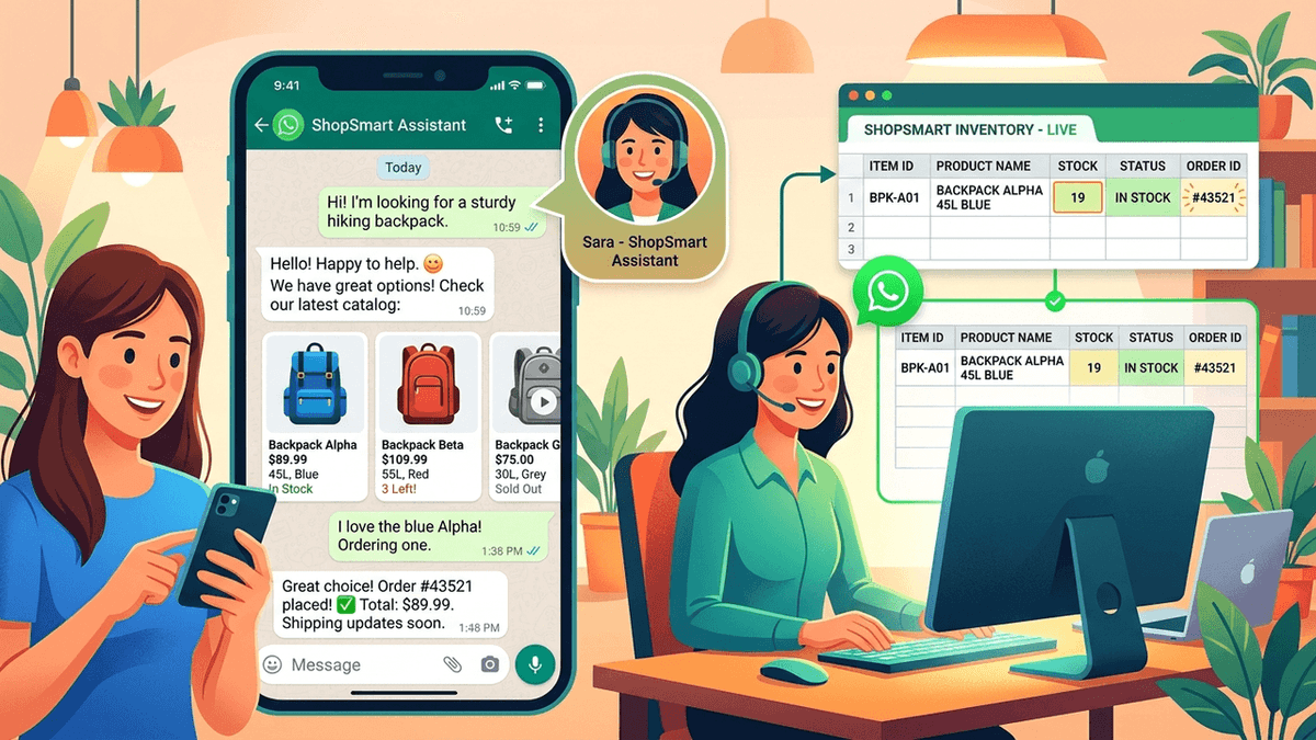 Illustration of a shopper ordering a backpack through a WhatsApp assistant while the order appears in an inventory spreadsheet